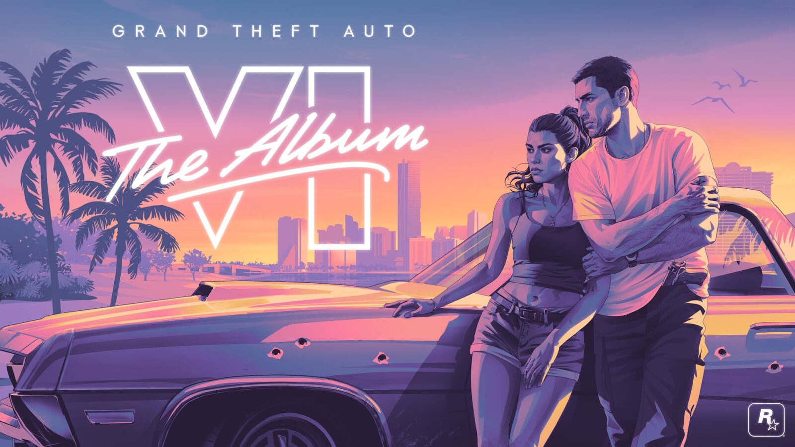 Official Grand Theft Auto VI: The Album artwork with a man and a woman leaning on a car, palm trees and a city skyline at sunset behind them