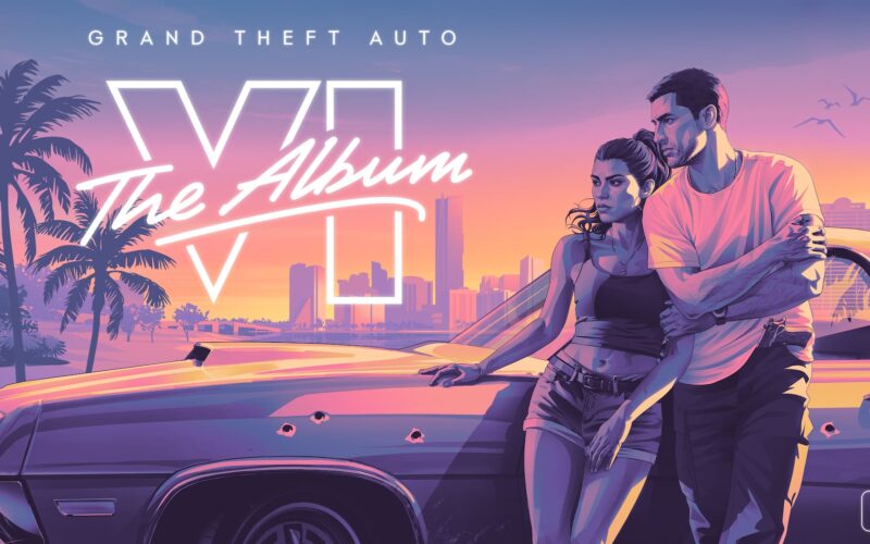 Official Grand Theft Auto VI: The Album artwork with a man and a woman leaning on a car, palm trees and a city skyline at sunset behind them