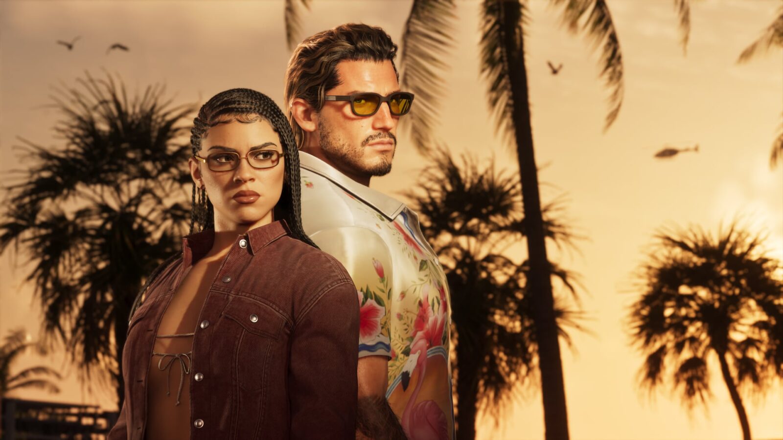 Official Grand Theft Auto VI image of Lucia and Jason standing back to back in front of palm trees at sunset