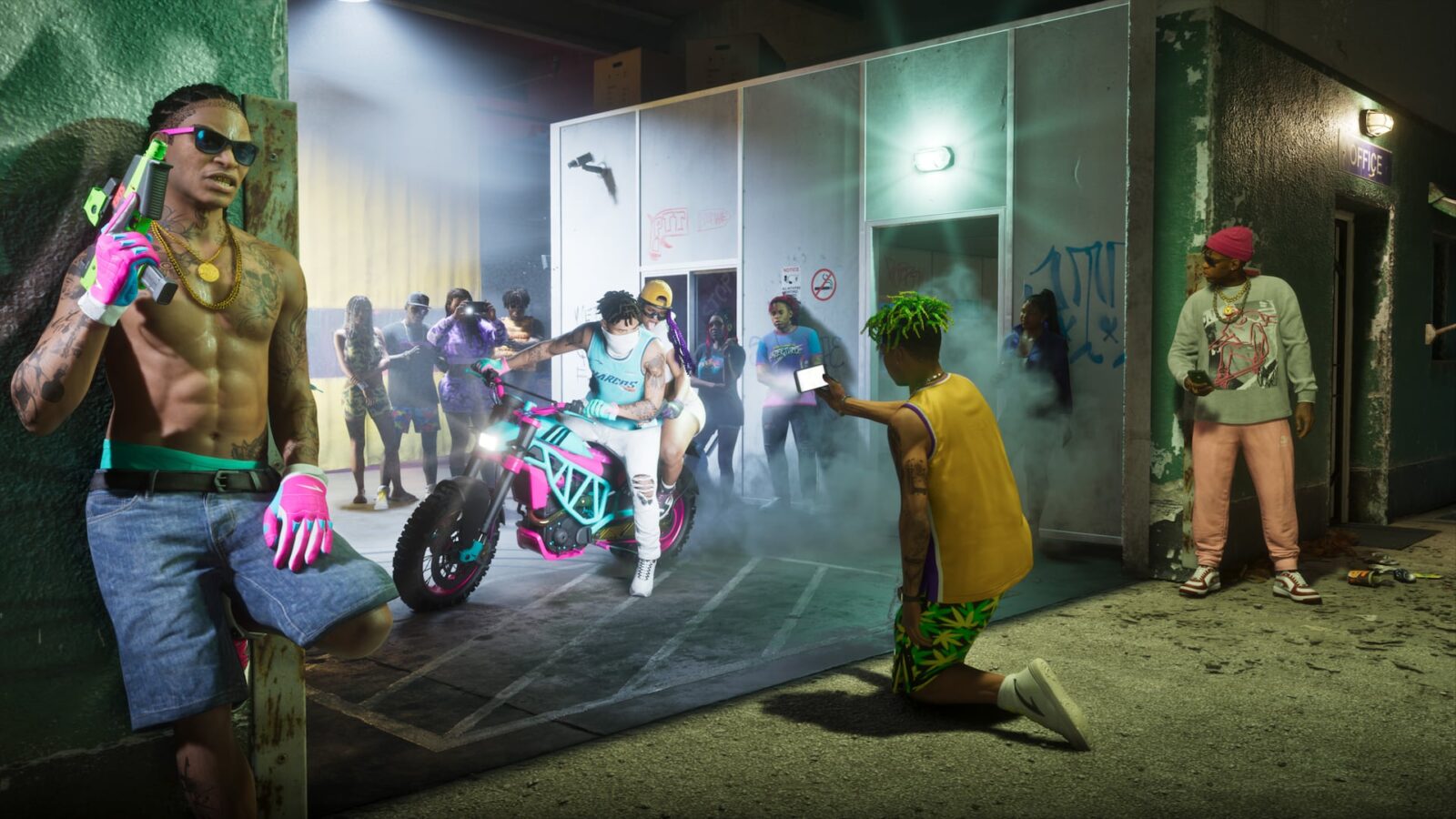 Official Grand Theft Auto VI image of onlookers filming two riders on a pink and teal motorbike in a smoky alley, with a man holding a gun leaning on the wall at left