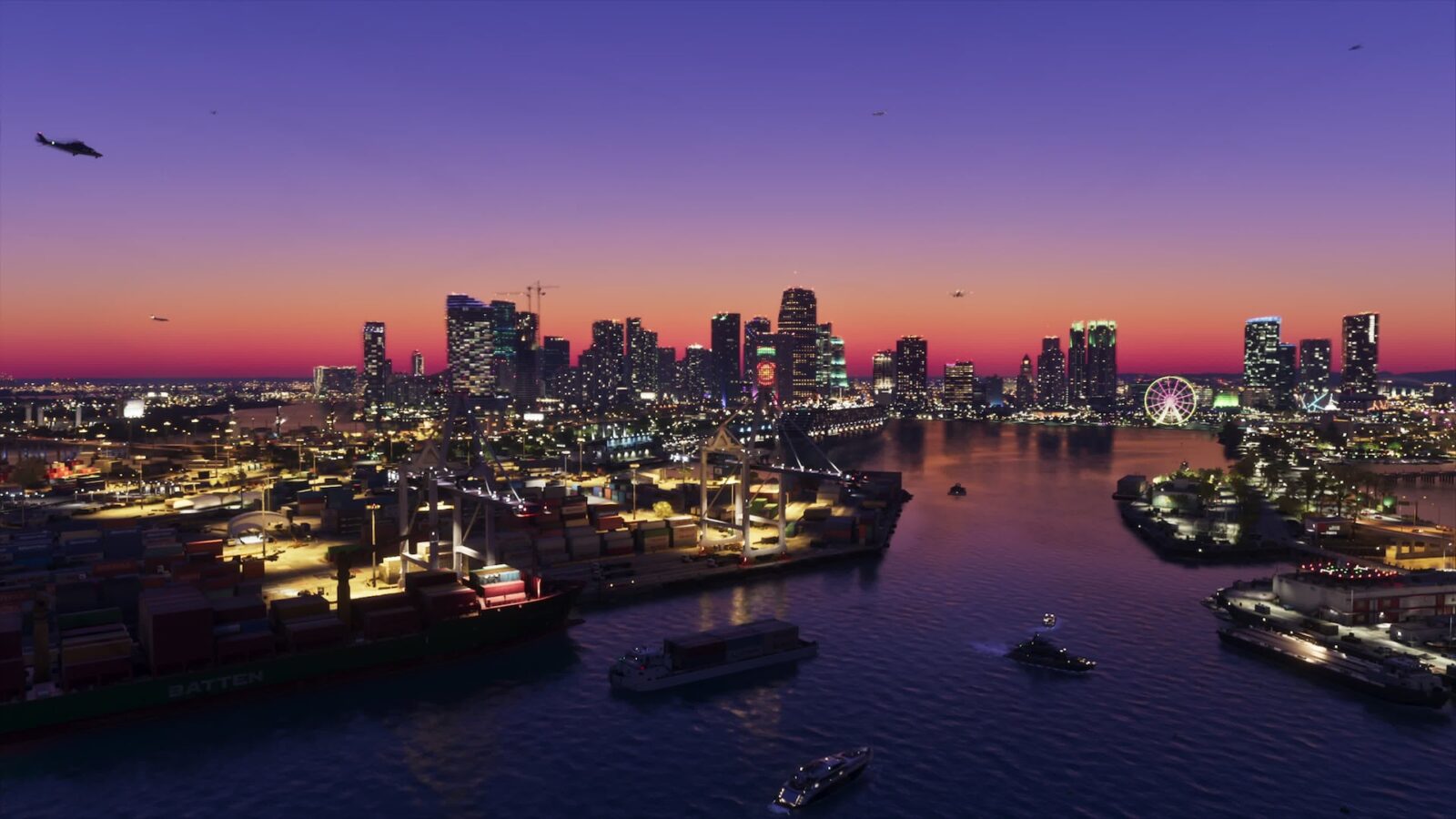 Official Grand Theft Auto VI screenshot of a harbor and city skyline at dusk, with cargo ships and cranes in the foreground and a helicopter in the sky