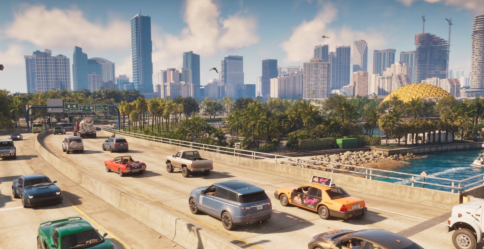Official Grand Theft Auto VI screenshot of highway traffic with the Vice City skyline and a golden dome in the distance
