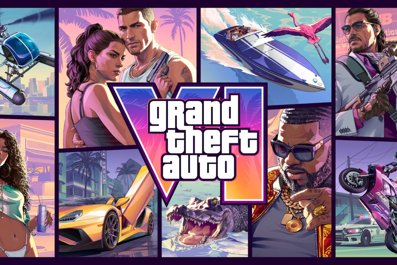 Official Grand Theft Auto VI key art: a collage of Lucia and Jason, a speedboat, a helicopter, a yellow sports car, an alligator and other characters around the game logo