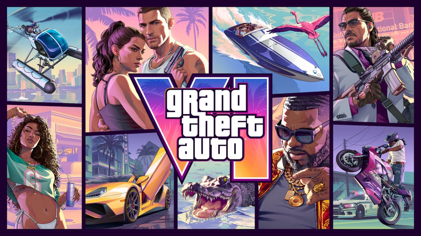 Official Grand Theft Auto VI key art: a collage of Lucia and Jason, a speedboat, a helicopter, a yellow sports car, an alligator and other characters around the game logo