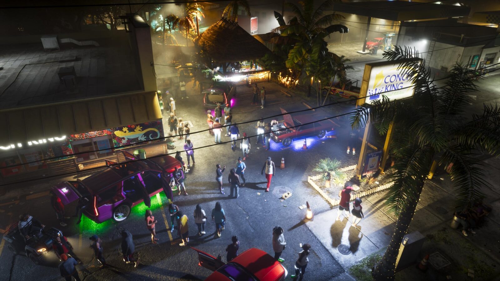 Official Grand Theft Auto VI screenshot of a night scene in Leonida